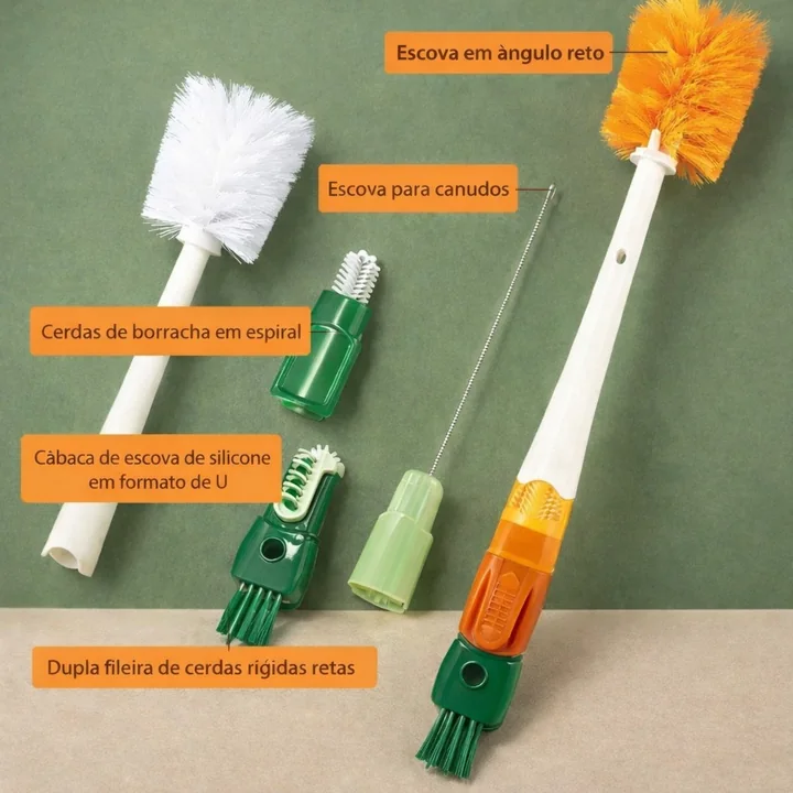 As cinco cabeças da escova identificadas: escova em ângulo reto, escova para canudos, cerdas de borracha em espiral, silicone em U e fileira dupla de cerdas rígidas