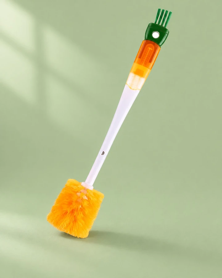 Escova 5 em 1 laranja: ponta de cerdas verdes, tampa verde com furo, seção translúcida laranja e cabo branco